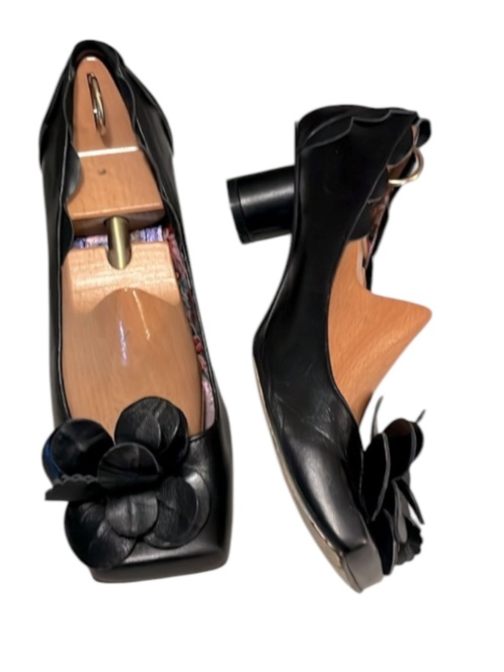 Black Leather Womens Square Toe Pumps Floral Applique Cylinder Heels Shoes Sz 41